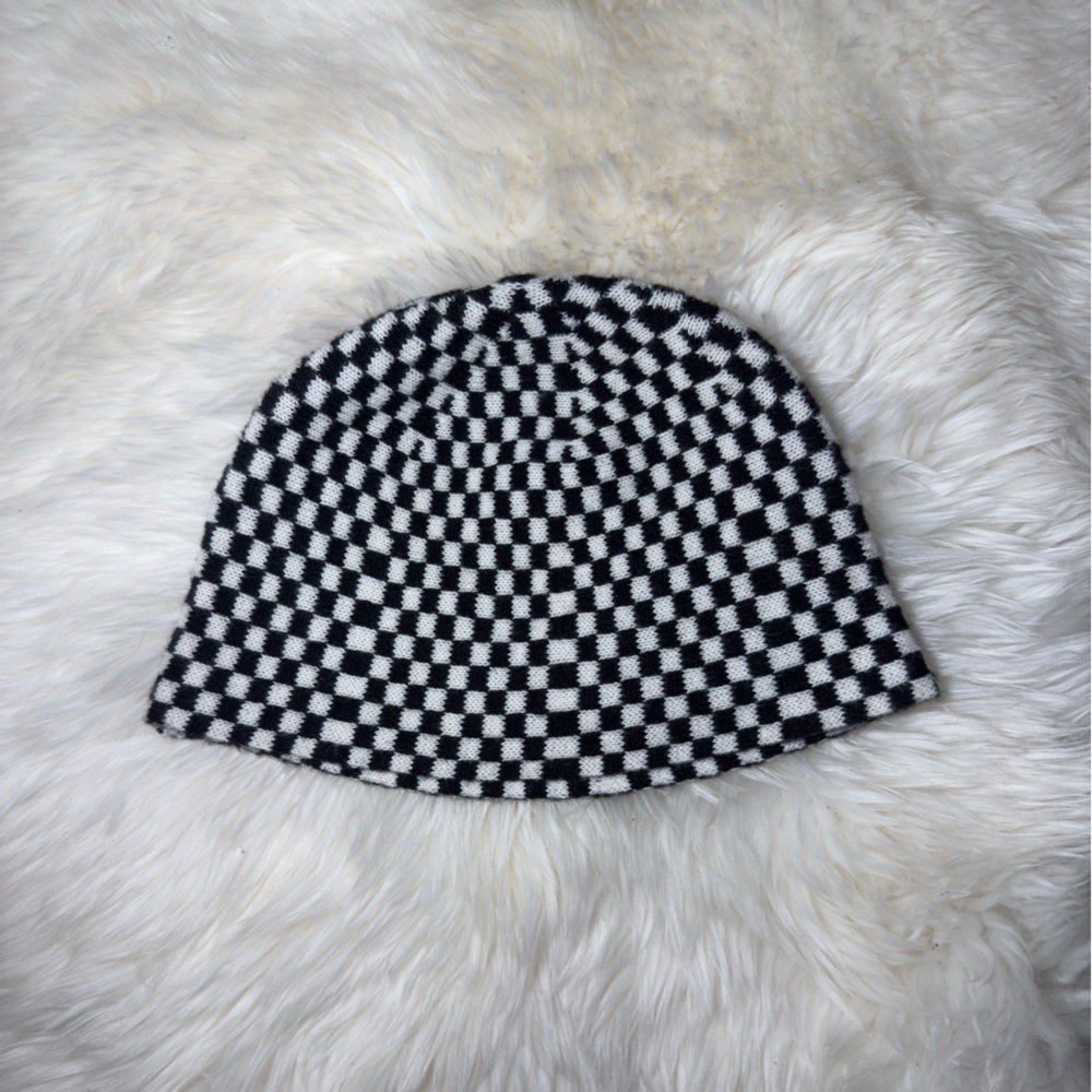 Vintage Black and White Checkered Knit Beanie
